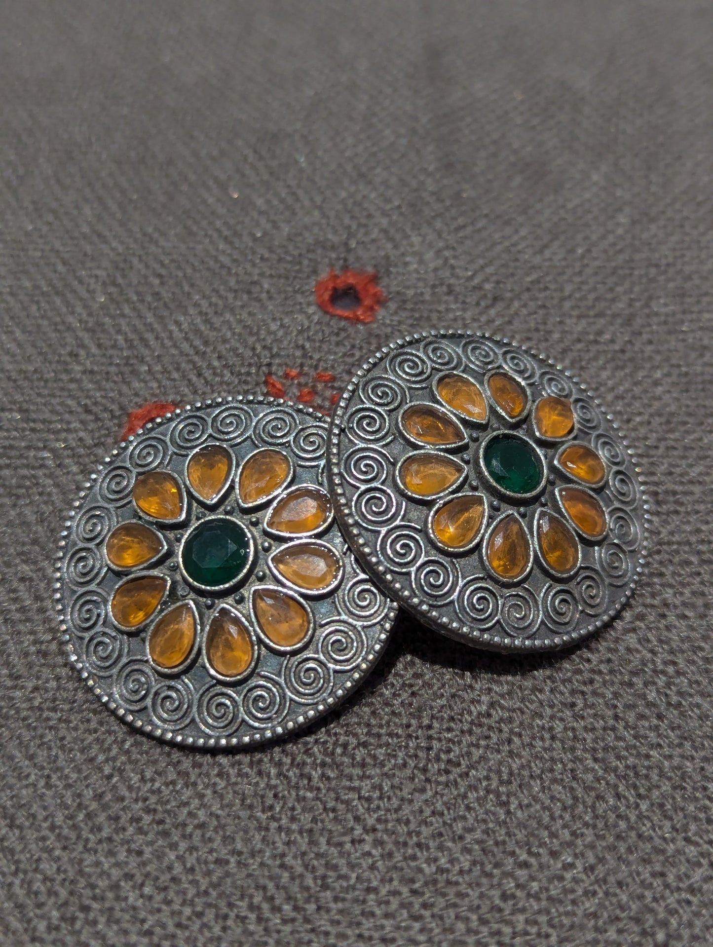 Antique Silver Finish Oxidised Brass Earrings (stone work round)