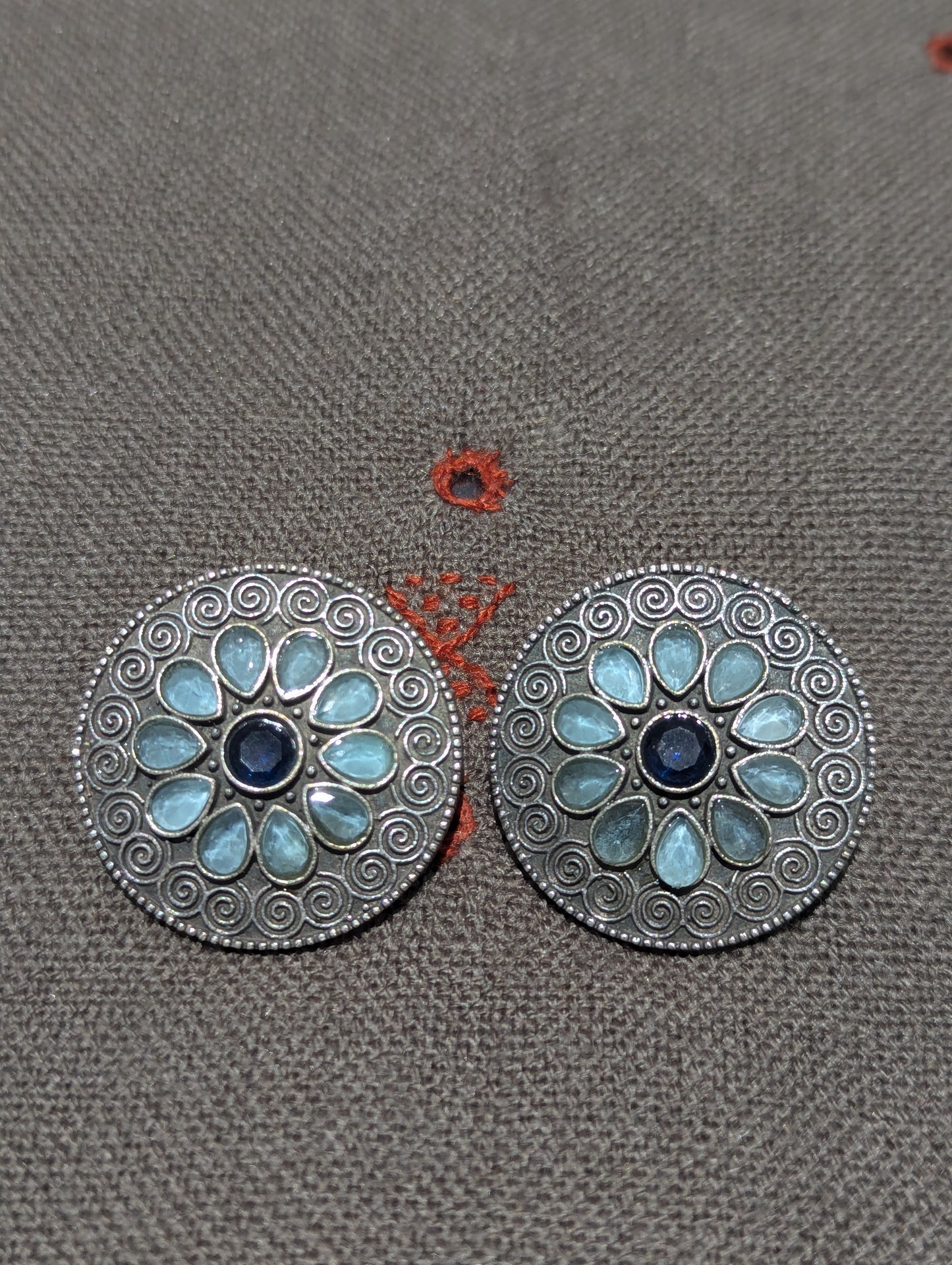 Antique Silver Finish Oxidised Brass Earrings (stone work round)