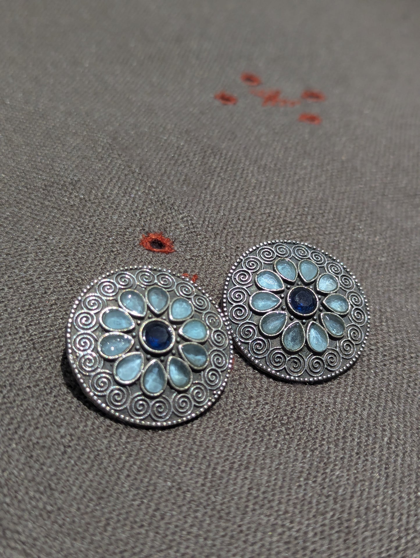 Antique Silver Finish Oxidised Brass Earrings (stone work round)