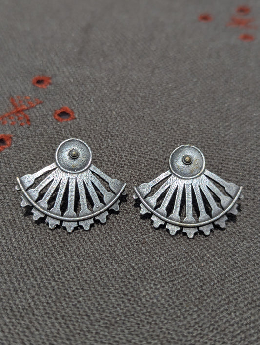 Antique Silver Finish Oxidised Brass Earrings (fan)