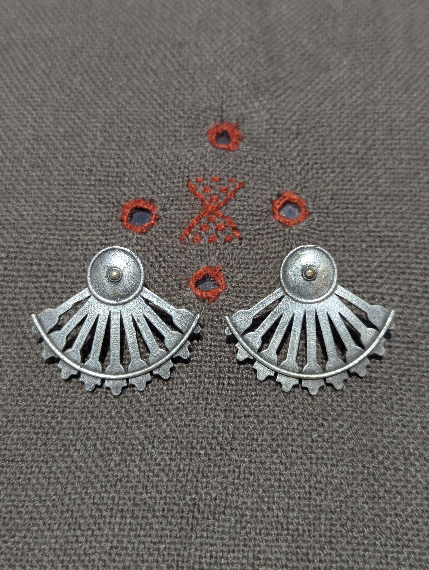 Antique Silver Finish Oxidised Brass Earrings (fan)