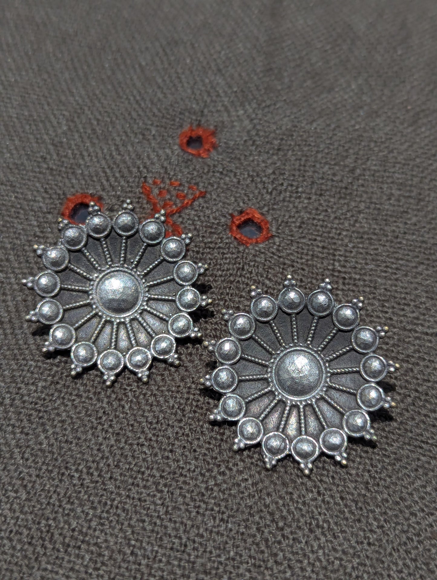 Antique Silver Finish Oxidised Brass Earrings (round)